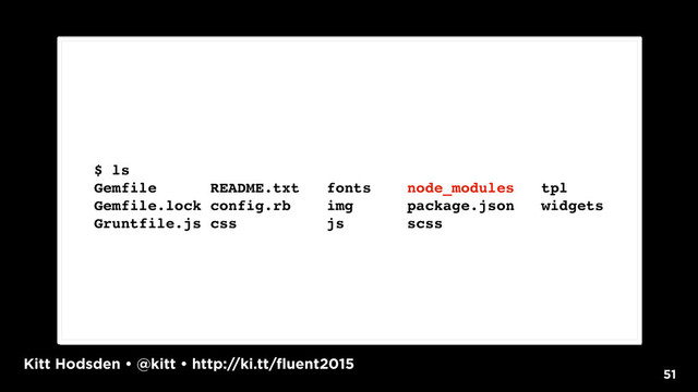Kitt Hodsden • @kitt • http://ki.tt/fluent2015
51
$ ls
Gemfile README.txt fonts node_modules tpl
Gemfile.lock config.rb img package.json widgets
Gruntfile.js css js scss
