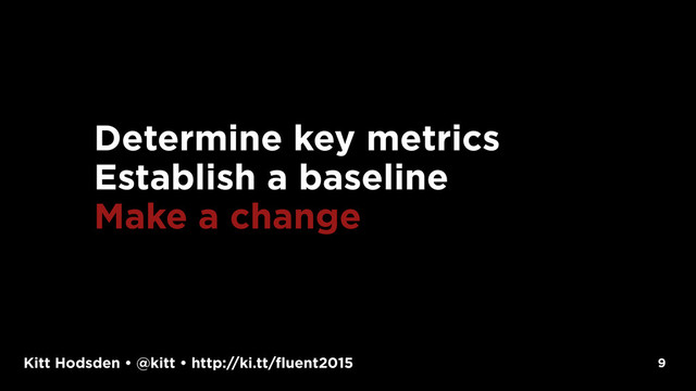 Kitt Hodsden • @kitt • http://ki.tt/fluent2015 9
Determine key metrics
Establish a baseline
Make a change
