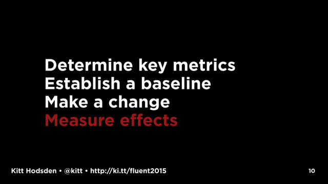 Kitt Hodsden • @kitt • http://ki.tt/fluent2015 10
Determine key metrics
Establish a baseline
Make a change
Measure effects
