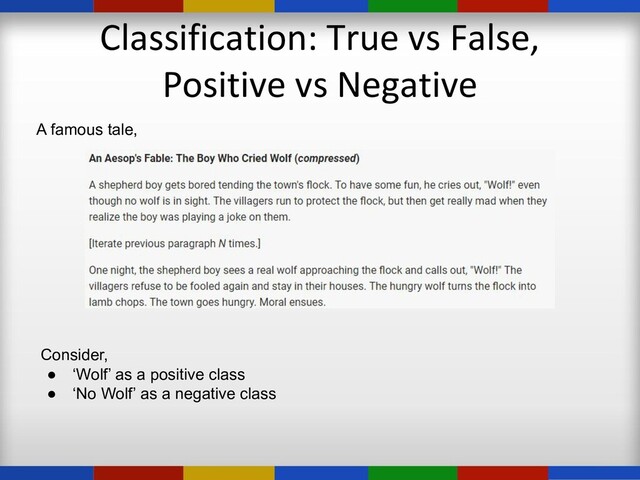 Classification: True vs False,
Positive vs Negative
A famous tale,
Consider,
● ‘Wolf’ as a positive class
● ‘No Wolf’ as a negative class
