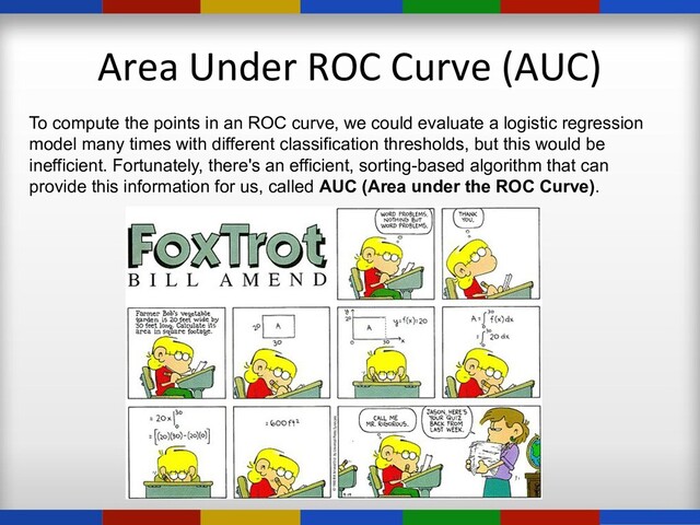 Area Under ROC Curve (AUC)
To compute the points in an ROC curve, we could evaluate a logistic regression
model many times with different classification thresholds, but this would be
inefficient. Fortunately, there's an efficient, sorting-based algorithm that can
provide this information for us, called AUC (Area under the ROC Curve).
