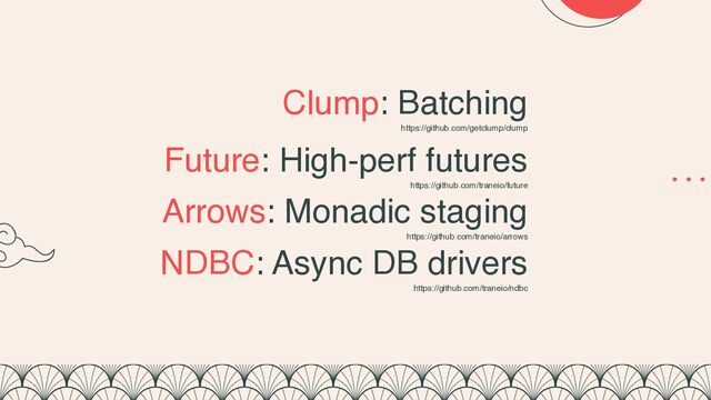 Clump: Batching 
https://github.com/getclump/clump
 
Future: High-perf futures
https://github.com/traneio/future
Arrows: Monadic staging 
https://github.com/traneio/arrows
NDBC: Async DB drivers
https://github.com/traneio/ndbc
