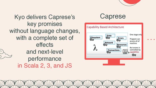 Caprese
Kyo delivers Caprese’s
key promises
without language changes,
with a complete set of
effects
and next-level
performance
in Scala 2, 3, and JS
