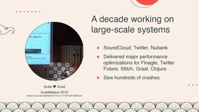 A decade working on
large-scale systems
● SoundCloud, Twitter, Nubank
● Delivered major performance
optimizations for Finagle, Twitter
Future, Stitch, Graal, Clojure
● Saw hundreds of crashes
Scala — Graal 
ScalaMatsuri 2019
https://youtu.be/a6dK3eXhO7k?si=T775S1sKFu5B4wSf

