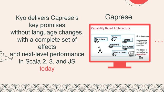 Caprese
Kyo delivers Caprese’s
key promises
without language changes,
with a complete set of
effects
and next-level performance
in Scala 2, 3, and JS
today
