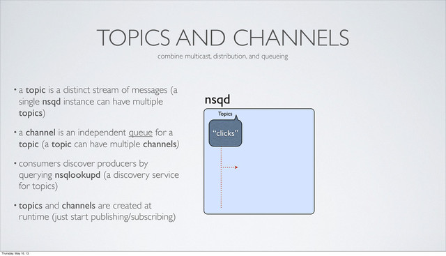 TOPICS AND CHANNELS
• a topic is a distinct stream of messages (a
single nsqd instance can have multiple
topics)
• a channel is an independent queue for a
topic (a topic can have multiple channels)
• consumers discover producers by
querying nsqlookupd (a discovery service
for topics)
• topics and channels are created at
runtime (just start publishing/subscribing)
nsqd
“clicks”
Topics
combine multicast, distribution, and queueing
Thursday, May 16, 13
