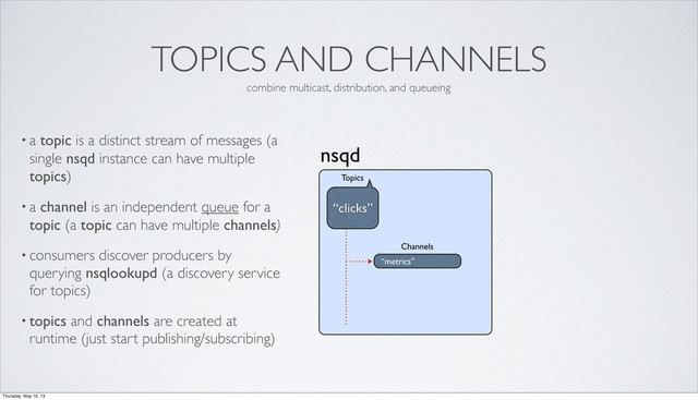 TOPICS AND CHANNELS
• a topic is a distinct stream of messages (a
single nsqd instance can have multiple
topics)
• a channel is an independent queue for a
topic (a topic can have multiple channels)
• consumers discover producers by
querying nsqlookupd (a discovery service
for topics)
• topics and channels are created at
runtime (just start publishing/subscribing)
nsqd
“metrics”
Channels
“clicks”
Topics
combine multicast, distribution, and queueing
Thursday, May 16, 13
