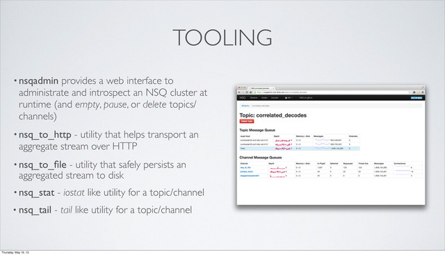 TOOLING
• nsqadmin provides a web interface to
administrate and introspect an NSQ cluster at
runtime (and empty, pause, or delete topics/
channels)
• nsq_to_http - utility that helps transport an
aggregate stream over HTTP
• nsq_to_ﬁle - utility that safely persists an
aggregated stream to disk
• nsq_stat - iostat like utility for a topic/channel
• nsq_tail - tail like utility for a topic/channel
Thursday, May 16, 13
