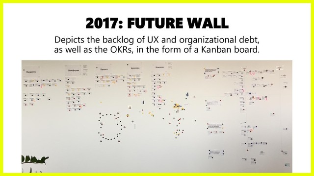 2017: FUTURE WALL
Depicts the backlog of UX and organizational debt,
as well as the OKRs, in the form of a Kanban board.
