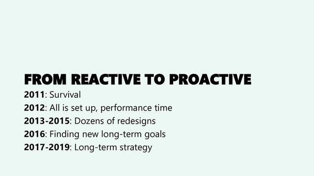 FROM REACTIVE TO PROACTIVE
2011: Survival
2012: All is set up, performance time
2013-2015: Dozens of redesigns
2016: Finding new long-term goals
2017-2019: Long-term strategy
