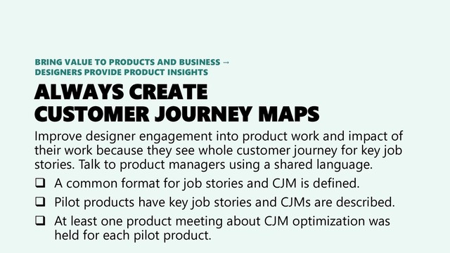 ALWAYS CREATE
CUSTOMER JOURNEY MAPS
Improve designer engagement into product work and impact of
their work because they see whole customer journey for key job
stories. Talk to product managers using a shared language.
❑ A common format for job stories and CJM is defined.
❑ Pilot products have key job stories and CJMs are described.
❑ At least one product meeting about CJM optimization was
held for each pilot product.
BRING VALUE TO PRODUCTS AND BUSINESS →
DESIGNERS PROVIDE PRODUCT INSIGHTS
