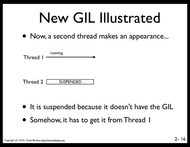 Copyright (C) 2010, David Beazley, http://www.dabeaz.com
2-
New GIL Illustrated
16
Thread 1
Thread 2 SUSPENDED
running
• Now, a second thread makes an appearance...
• It is suspended because it doesn't have the GIL
• Somehow, it has to get it from Thread 1
