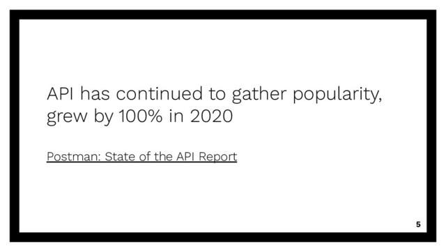 API has continued to gather popularity,
grew by 100% in 2020
Postman: State of the API Report
5
