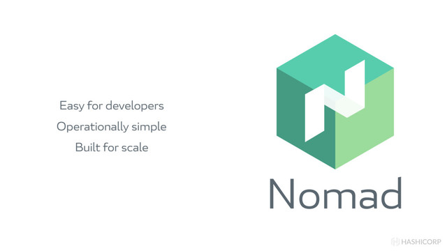 Nomad
HASHICORP
Easy for developers
Operationally simple
Built for scale
