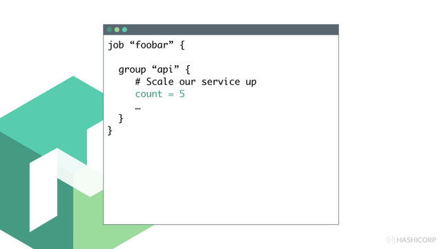 HASHICORP
job “foobar” {
group “api” {
# Scale our service up
count = 5
…
}
}
