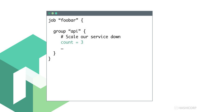 HASHICORP
job “foobar” {
group “api” {
# Scale our service down
count = 3
…
}
}
