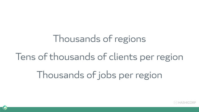 HASHICORP
Thousands of regions
Tens of thousands of clients per region
Thousands of jobs per region
