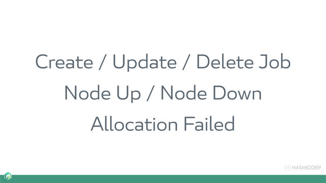 HASHICORP
Create / Update / Delete Job
Node Up / Node Down
Allocation Failed
