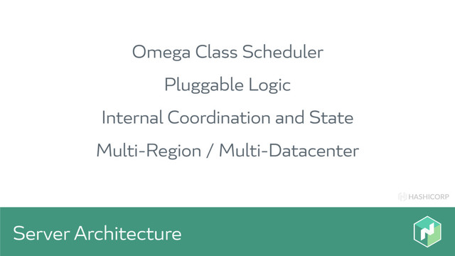 HASHICORP
Server Architecture
Omega Class Scheduler
Pluggable Logic
Internal Coordination and State
Multi-Region / Multi-Datacenter

