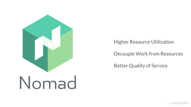 Nomad
HASHICORP
Higher Resource Utilization
Decouple Work from Resources
Better Quality of Service
