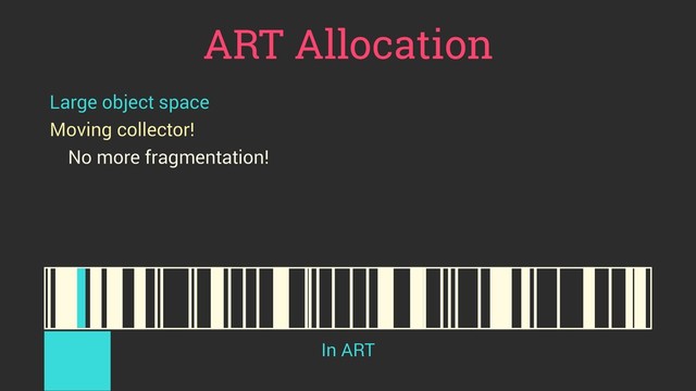 ART Allocation
Large object space
Moving collector!
No more fragmentation!
In ART
