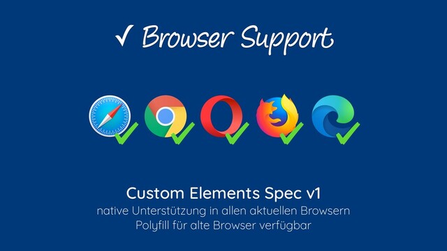 Custom Elements Spec v1
native Unterstützung in allen aktuellen Browsern
Polyﬁll für alte Browser verfügbar
✓ Browser Support
