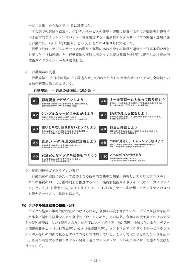 － 22 －
ービス会議」を令和３年  月に設置した。
本会議での議論を踏まえ、デジタルサービスの開発・運用に従事する全ての職員等が遵守す
べき基本的なミッションやバリュー等を規定する「東京都デジタルサービスの開発・運用に係
る行動指針」
（以下「行動指針」という。
）を令和４年３月に策定した。
行動指針は、デジタルサービスの開発・運用に携わる全ての職員が遵守すべき基本的な理念
を示した「行動規範」と、行動規範の実践に当たって必要な基準を機能別に規定した「機能別
技術ガイドライン」から構成される。


 イ 行動規範の浸透
行動規範  か条を職員に広く浸透させ、
庁内の文化として定着させていくため、
全職員への
周知や研修に取り組んでいく。


 ウ 機能別技術ガイドラインの策定
行動規範の実践にあたって必要となる技術的な基準を規定・共有し、あらゆるデジタルサー
ビスの品質の均一化と維持向上を推進するべく、機能別技術ガイドライン（以下「ガイドライ
ン」という。
）を策定する。ガイドラインは、ＵＩＵＸ、データ利活用、セキュリティの３つ
を優先テーマとして検討を進める。





デ
デジ
ジタ
タル
ル関
関連
連経
経費
費の
の把
把握
握・
・分
分析
析

デジタル施策の戦略的な投資につなげるため、令和４年度予算において、デジタル技術を活用
した事業に関する経費を初めて全庁的に取りまとめた。その結果、令和４年度予算におけるデジ
タル関連経費は、 億円となり、前年度に比べて約３割（ 億円）増加した。また、デジタ
ル関連経費をヒト（人材育成等）
、モノ（機器購入等）
、ソフトウェア（クラウドサービスやシス
テム導入等）の内訳で見るとすべての分野で増加している。こうして取りまとめたデータを活用
し、各局が所管する情報システムの開発・運用やデジタルツールの利用等に対して様々な支援を
行っていく。
