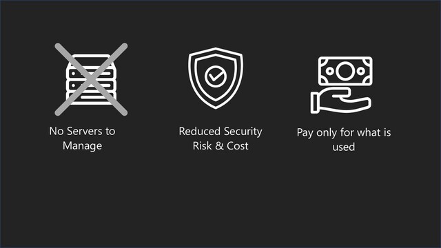 No Servers to
Manage
Pay only for what is
used
Reduced Security
Risk & Cost
