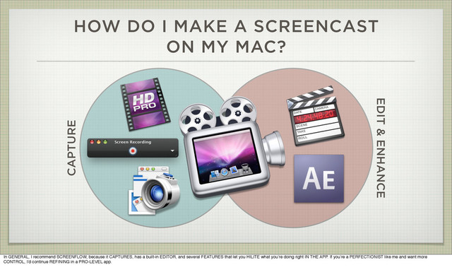 HOW DO I MAKE A SCREENCAST
ON MY MAC?
CAPTURE
EDIT & ENHANCE
In GENERAL, I recommend SCREENFLOW, because it CAPTURES, has a built-in EDITOR, and several FEATURES that let you HILITE what you’re doing right IN THE APP. If you’re a PERFECTIONIST like me and want more
CONTROL, I’d continue REFINING in a PRO-LEVEL app.
