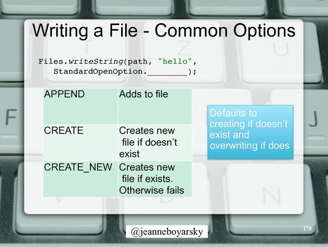 @jeanneboyarsky
Writing a File - Common Options
Files.writeString(path, "hello",
 

StandardOpenOption.________)
;

APPEND Adds to file
CREATE Creates new


file if doesn’t


exist
CREATE_NEW Creates new


file if exists.


Otherwise fails
Defaults to
creating if doesn’t
exist and
overwriting if does
170
