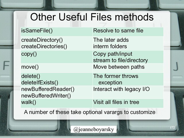 @jeanneboyarsky
Other Useful Files methods
isSameFile() Resolve to same file
createDirectory()


createDirectories()
The later adds


interm folders
copy() Copy path/input


stream to file/directory
move() Move between paths
delete()


deleteIfExists()
The former throws
exception
newBufferedReader()


newBufferedWriter()
Interact with legacy I/O
walk() Visit all files in tree
A number of these take optional varargs to customize
172
