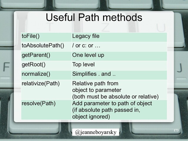 @jeanneboyarsky
Useful Path methods
toFile() Legacy file
toAbsolutePath() / or c: or …
getParent() One level up
getRoot() Top level
normalize() Simplifies . and ..
relativize(Path) Relative path from


object to parameter


(both must be absolute or relative)
resolve(Path) Add parameter to path of object


(if absolute path passed in,


object ignored)
173
