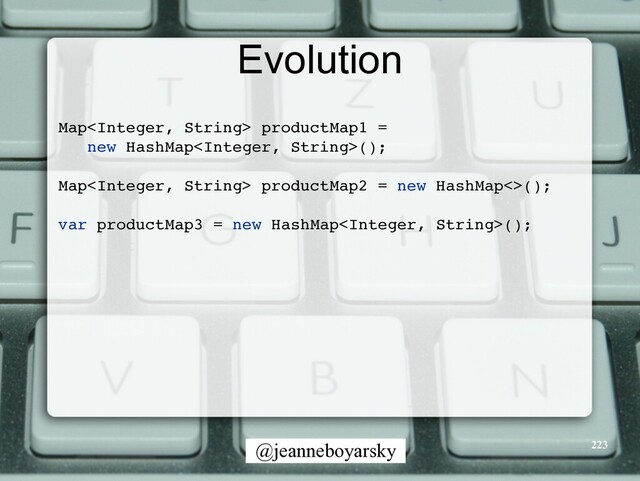 @jeanneboyarsky
Evolution
223
Map productMap1 =
 

new HashMap()
;

Map productMap2 = new HashMap<>()
;

var productMap3 = new HashMap()
;


