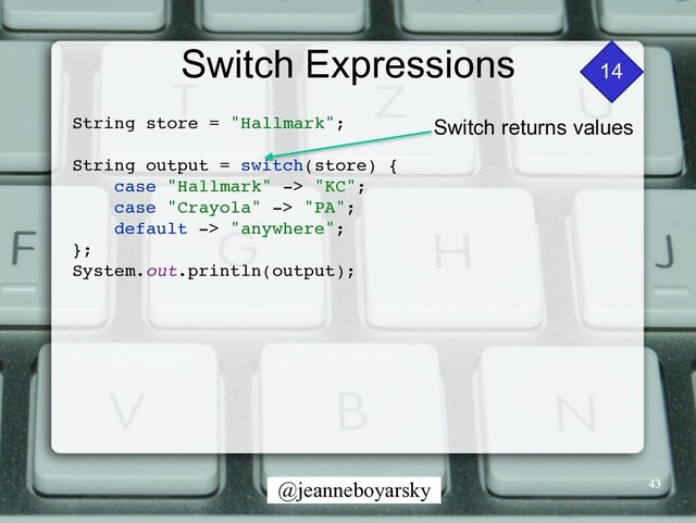 @jeanneboyarsky
Switch Expressions 14
String store = "Hallmark"
;

String output = switch(store)
{

case "Hallmark" -> "KC"
;

case "Crayola" -> "PA"
;

default -> "anywhere"
;

}
;

System.out.println(output)
;

Switch returns values
43
