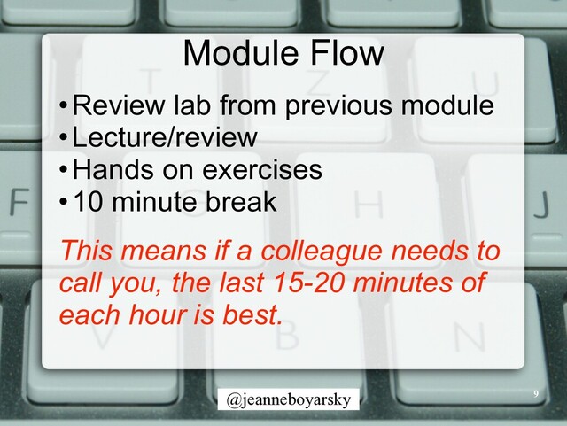 @jeanneboyarsky
Module Flow
•Review lab from previous module


•Lecture/review


•Hands on exercises


•10 minute break


This means if a colleague needs to
call you, the last 15-20 minutes of
each hour is best.
9
