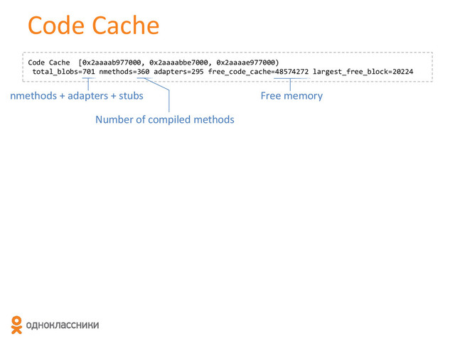 Code Cache
Code Cache [0x2aaaab977000, 0x2aaaabbe7000, 0x2aaaae977000)
total_blobs=701 nmethods=360 adapters=295 free_code_cache=48574272 largest_free_block=20224
nmethods + adapters + stubs
Number of compiled methods
Free memory
