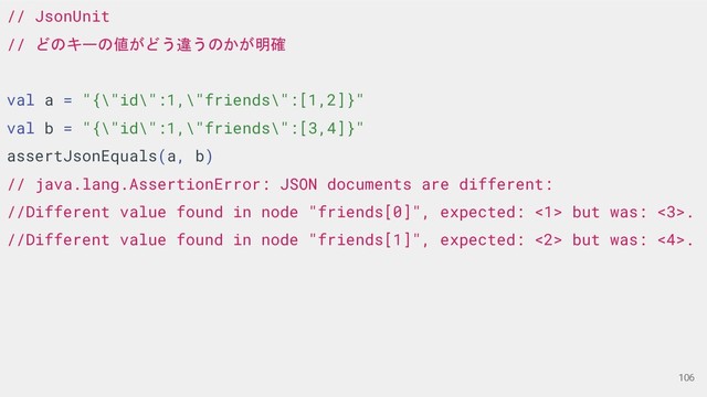 // JsonUnit
// どのキーの値がどう違うのかが明確
val a = "{\"id\":1,\"friends\":[1,2]}"
val b = "{\"id\":1,\"friends\":[3,4]}"
assertJsonEquals(a, b)
// java.lang.AssertionError: JSON documents are different:
//Different value found in node "friends[0]", expected: <1> but was: <3>.
//Different value found in node "friends[1]", expected: <2> but was: <4>.
106
