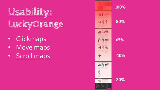 • Clickmaps
• Move maps
• Scroll maps
Usability:
LuckyOrange
