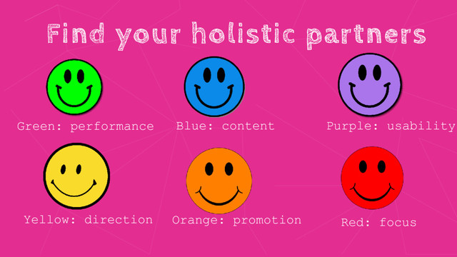 Find your holistic partners
Yellow: direction
Green: performance
Orange: promotion
Blue: content
Red: focus
Purple: usability
