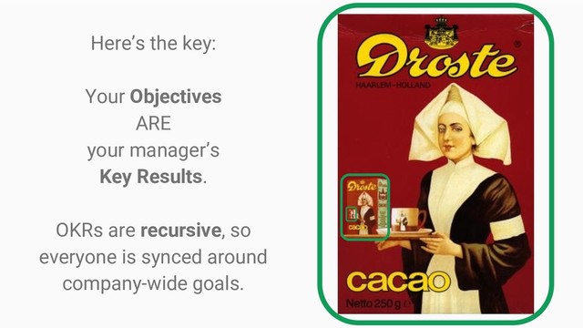 Here’s the key:
Your Objectives
ARE
your manager’s
Key Results.
OKRs are recursive, so
everyone is synced around
company-wide goals.
