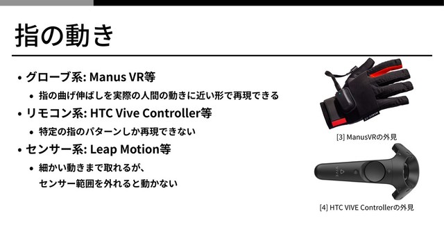 指の動き
• グローブ系: Manus VR等
• 指の曲げ伸ばしを実際の⼈間の動きに近い形で再現できる
• リモコン系: HTC Vive Controller等
• 特定の指のパターンしか再現できない
• センサー系: Leap Motion等
• 細かい動きまで取れるが、 
センサー範囲を外れると動かない
[ ] ManusVRの外⾒
[ ] HTC VIVE Controllerの外⾒
