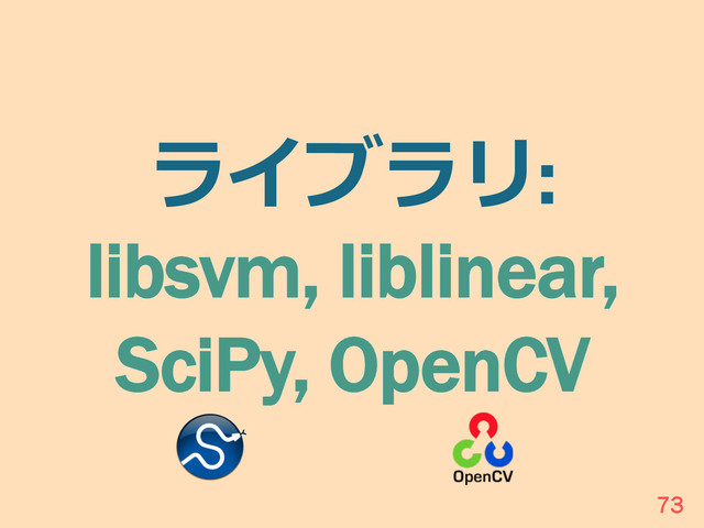 ライブラリ:
libsvm, liblinear,
SciPy, OpenCV
73

