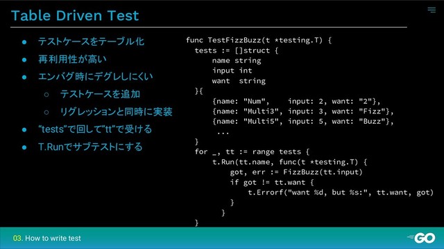 Table Driven Test
func TestFizzBuzz(t *testing.T) {
tests := []struct {
name string
input int
want string
}{
{name: "Num", input: 2, want: "2"},
{name: "Multi3", input: 3, want: "Fizz"},
{name: "Multi5", input: 5, want: "Buzz"},
...
}
for _, tt := range tests {
t.Run(tt.name, func(t *testing.T) {
got, err := FizzBuzz(tt.input)
if got != tt.want {
t.Errorf("want %d, but %s:", tt.want, got)
}
}
}
● テストケースをテーブル化
● 再利用性が高い
● エンバグ時にデグレしにくい
○ テストケースを追加
○ リグレッションと同時に実装
● “tests”で回して”tt”で受ける
● T.Runでサブテストにする
03. How to write test
