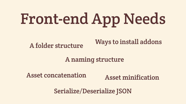 A naming structure
Asset concatenation
Ways to install addons
Serialize/Deserialize JSON
A folder structure
Asset minification
Front-end App Needs
