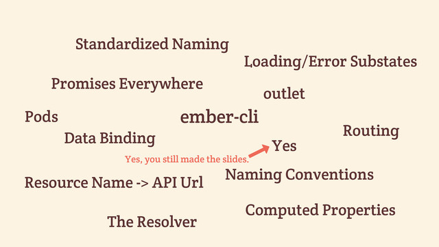 Loading/Error Substates
Pods
Routing
Data Binding
Naming Conventions
Promises Everywhere
ember-cli
Computed Properties
outlet
The Resolver
Standardized Naming
Yes
Resource Name -> API Url
&
Yes, you still made the slides.
