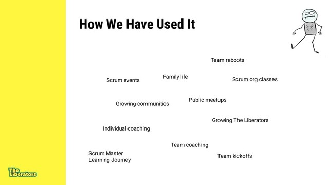 How We Have Used It
Individual coaching
Team coaching
Growing communities
Public meetups
Growing The Liberators
Scrum.org classes
Team kickoffs
Team reboots
Scrum events
Family life
Scrum Master
Learning Journey
