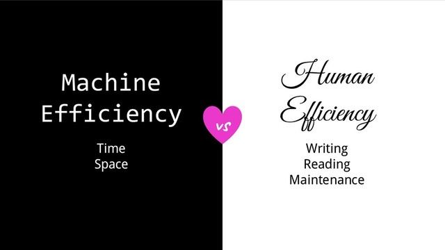 Machine
Efficiency
Time
Space
Human
Efficiency
Writing
Reading
Maintenance
v
