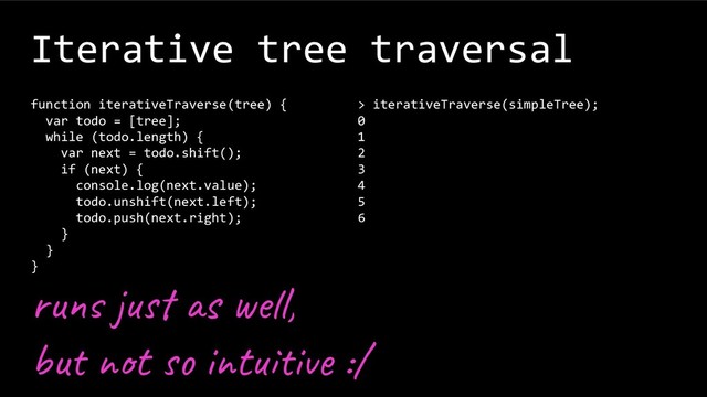Iterative tree traversal
function iterativeTraverse(tree) {
var todo = [tree];
while (todo.length) {
var next = todo.shift();
if (next) {
console.log(next.value);
todo.unshift(next.left);
todo.push(next.right);
}
}
}
> iterativeTraverse(simpleTree);
0
1
2
3
4
5
6
ru j s e l,
bu t i t i :/
