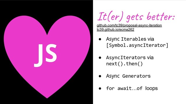 JS
It(er) ge b r:
github.com/tc39/proposal-async-iteration
tc39.github.io/ecma262
● Async Iterables via
[Symbol.asyncIterator]
● AsyncIterators via
next().then()
● Async Generators
● for await…of loops
