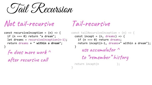 const recursiveInception = (n) => {
if (n === 0) return "a dream";
let dreams = recursiveInception(n-1);
return dreams + " within a dream";
}
f o s e w ^
af r u s al
Not -re s e
const tailRecursiveInception = (n) => {
const incept = (n, dreams) => {
if (n === 0) return dreams;
return incept(n-1, dreams+" within a dream");
}
return incept(n, "a dream");
}
Ta l-re s e
us um or ^
to “re b ” hi r
Tail Recursion
